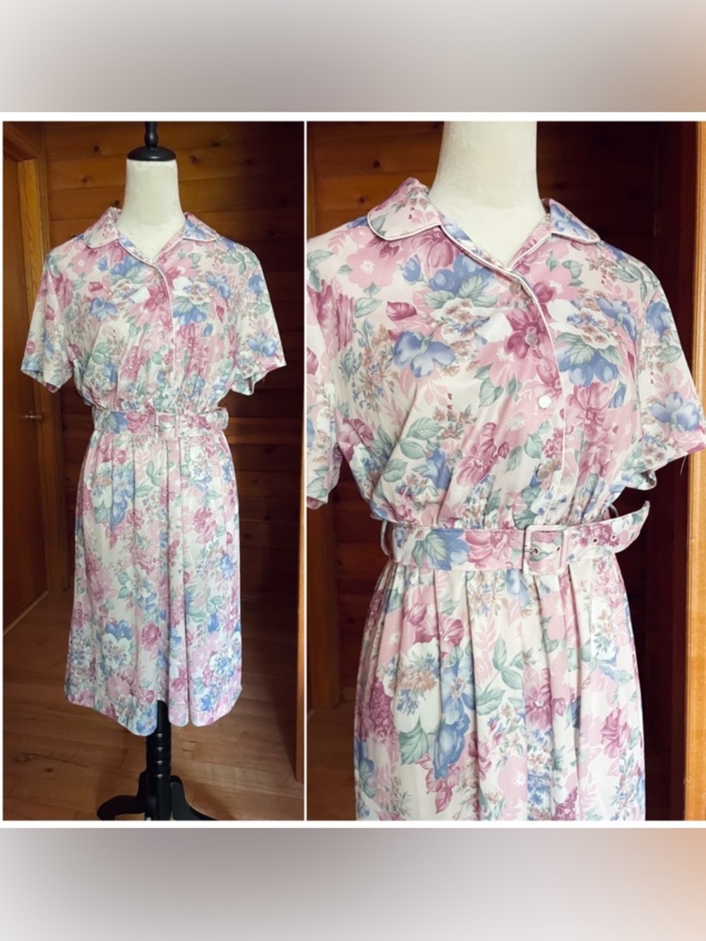 Vintage 1980’s Pastel Floral Belted Shirt Dress Size Medium